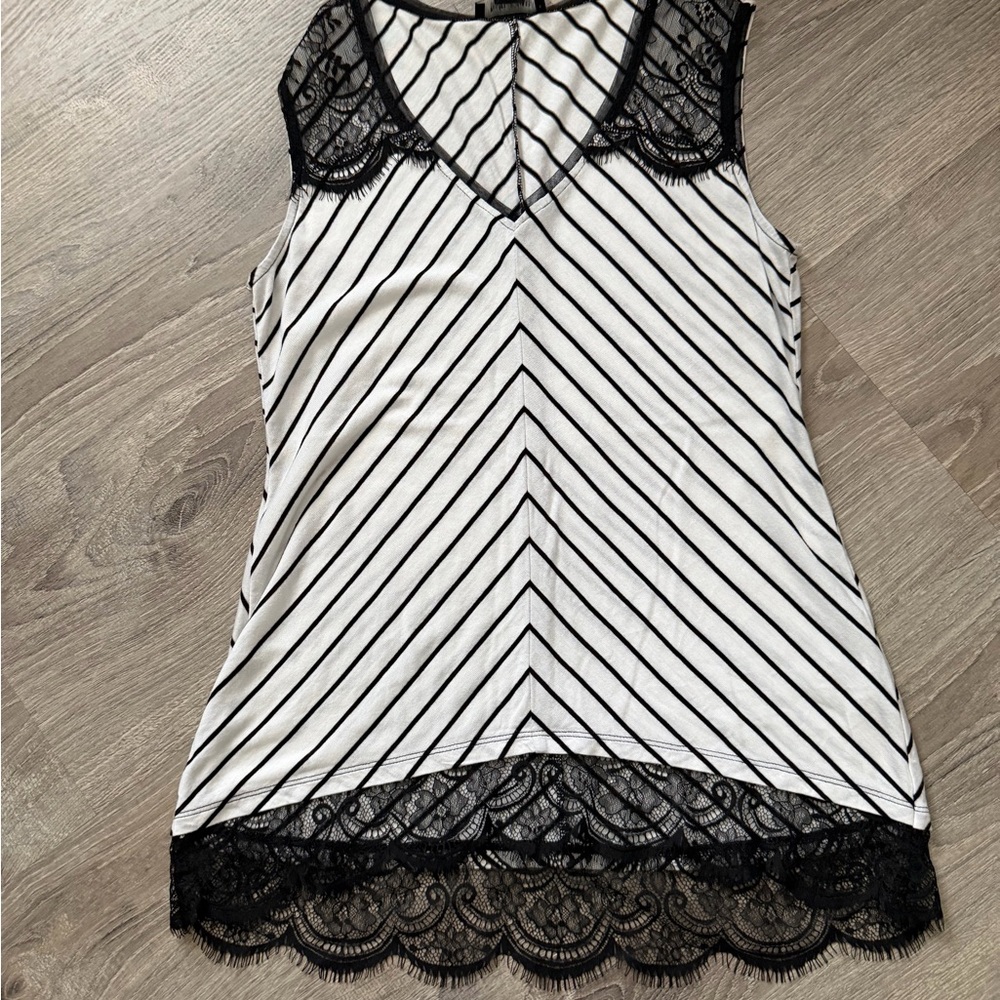 White House Black Market Black & White Striped Lace-Trim V-Neck Tank